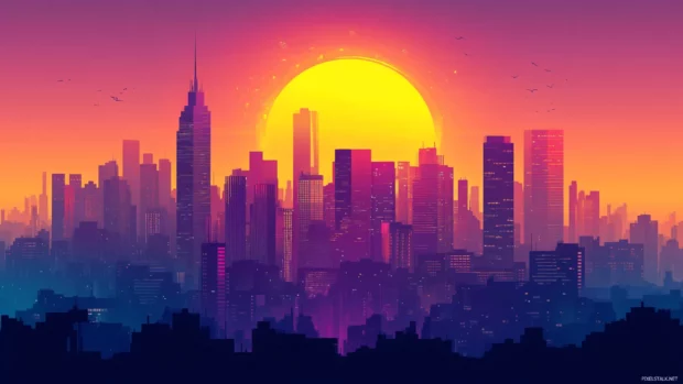 Silhouetted city buildings in a colorful sunrise wallpaper with city skyline.