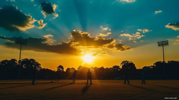 Silhouetted players on the field during a sunset game, Sunset baseball field wallpaper.