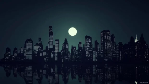 Silhouettes of skyscrapers define New York City at night.