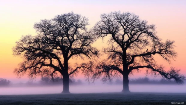 Silhouettes of trees against a misty sunrise wallpaper with fog.