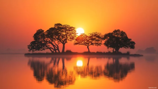 Silhouettes of trees surround a lake during a breathtaking sunrise.
