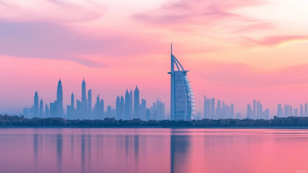 Simple Dubai skyline at dusk, muted colors, Burj Al Arab among landmarks.