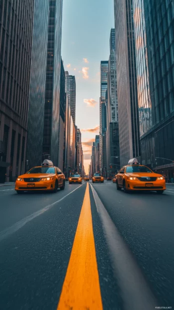 Simple New York street, few yellow cabs in motion.