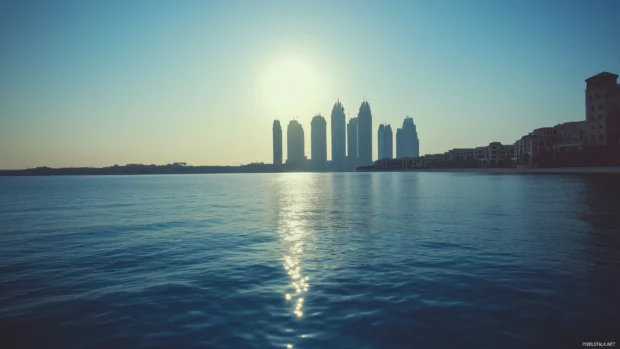 Simple Palm Jumeirah view, clear palm shape, ocean around.
