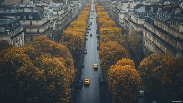 Simple cityscape with a few cars on a wide boulevard, lined with trees.