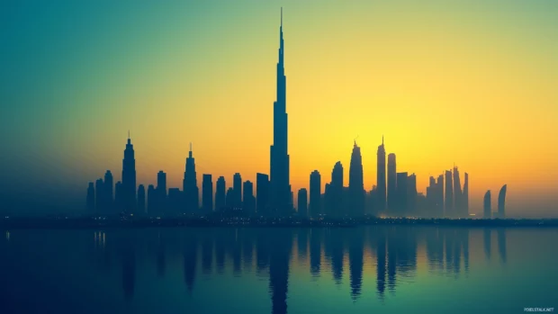 Simple skyline, building outlines, sky shifts from dusk to night.
