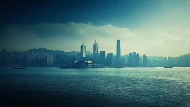 Simple skyline of a coastal city with faint clouds in the background.