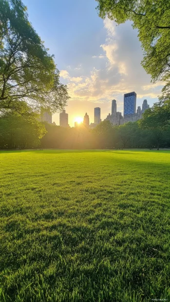 Simple view of Central Park green lawns, city skyline faintly visible in background.