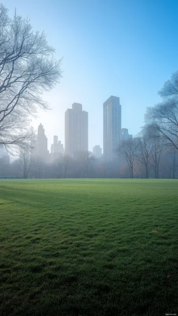Simple view of Central Park green lawns with the city skyline faintly visible in the background.