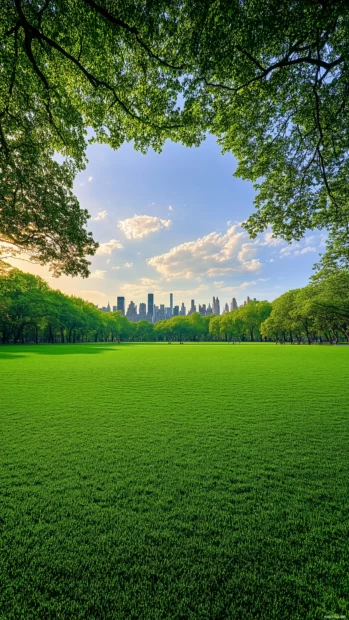 Simple view of Central Park with green lawns and faint city skyline in the background.