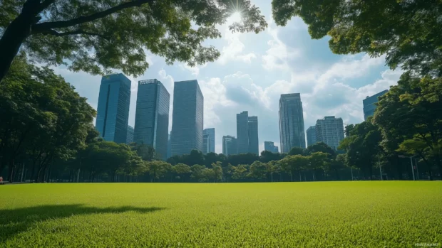 Simple view of a city park with skyscrapers in the background.