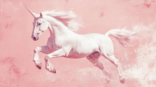 Simple white unicorn sketch on dusty pink canvas.