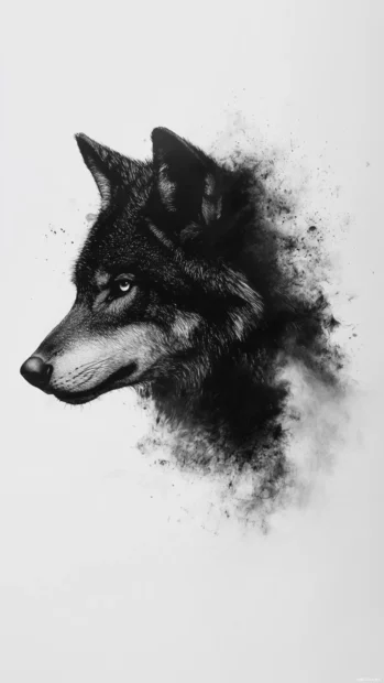 Simple wolf wallpaper with a hand drawn black wolf head fading into white background.