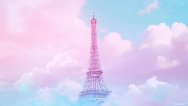 Simplified view of the Eiffel Tower against a pastel sky, with minimal detail and soft colors.