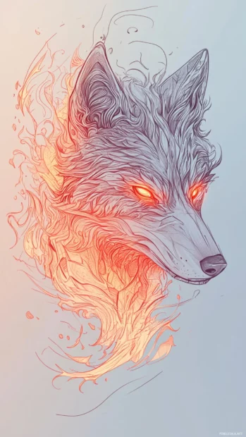 Sketchy digital wolf head composed of lines, fire, and broken circuits.