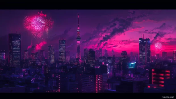 Skyline ablaze with fireworks, colorful bursts over city.