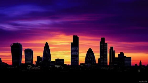 Skyline with landmarks, silhouettes in purple orange dawn glow.