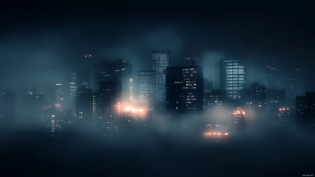 Skyscrapers fade into night fog with soft urban lights.