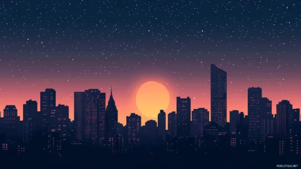 Skyscrapers form silhouettes against the City Night sky.