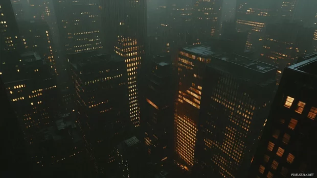 Skyscrapers glowing from within in a peaceful nighttime New York City Desktop Wallpaper.