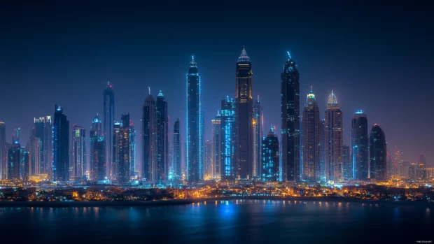 Skyscrapers illuminated in a peaceful evening glow, night city wallpaper 4k quality.