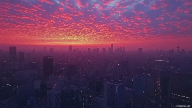 Skyscrapers of Tokyo Cityscape stretch toward a vivid sky.
