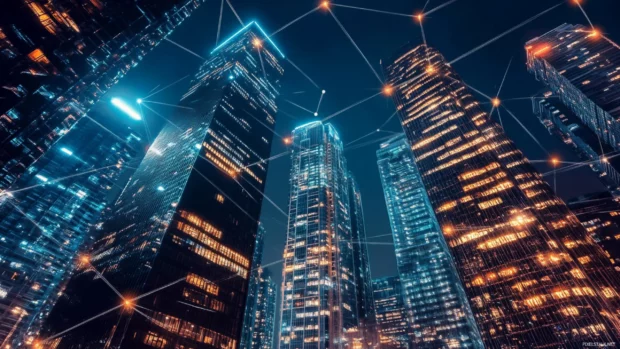 Skyscrapers pierce the night sky above the City Lights.