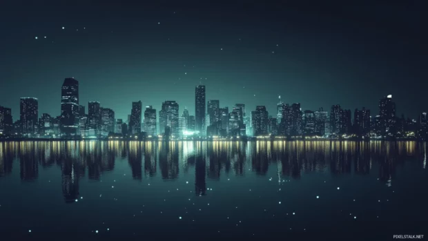 Skyscrapers shine in a serene Night New York City Wallpaper downtown view.