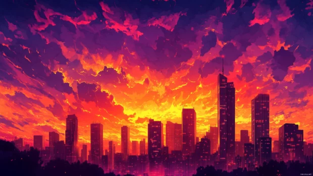 Skyscrapers silhouetted against fiery sunset, vibrant city skyline.