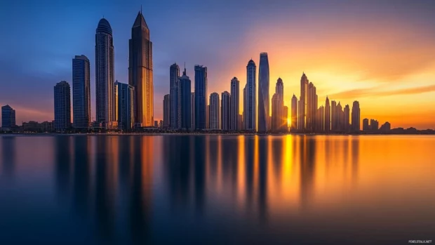 Skyscrapers under a warm sunrise wallpaper with city skyline showcasing urban tranquility.