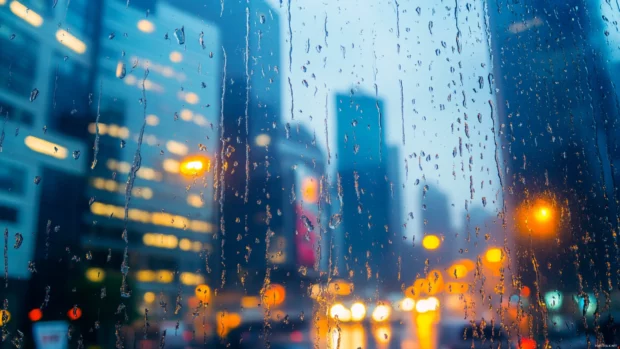 Skyscrapers veiled in rainfall during rush hour.