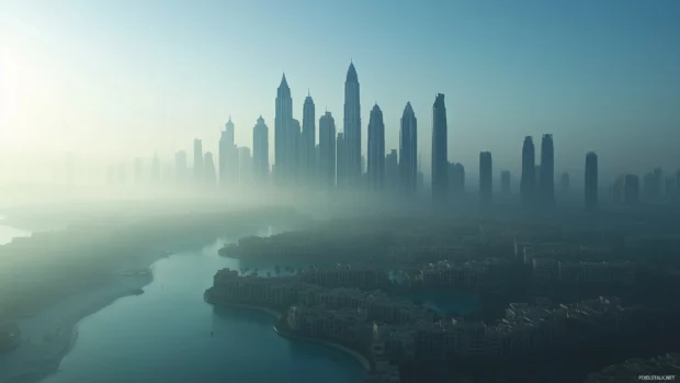 Sleek representation of Palm Jumeirah, distinct palm shape, surrounding ocean.