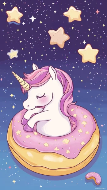 Sleeping unicorn on a donut in this Cute Kawaii unicorn background.