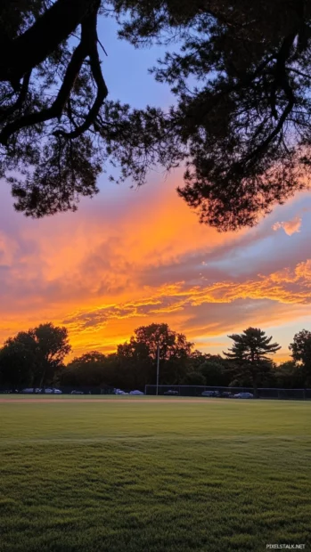 Slow sunset gradients falling behind outfield trees.