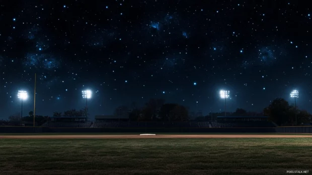 Small town baseball field under a starry night, stadium lights casting a soft glow on the empty stands .