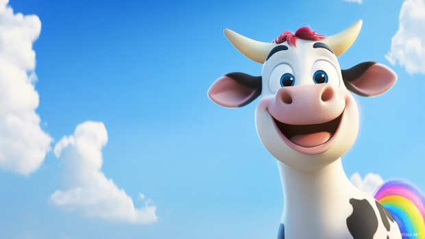 Smiling cow with rainbow tail on baby blue sky.