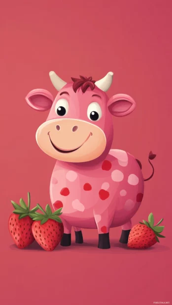 Smiling pink cow standing beside strawberries in this pink cow cartoon wallpaper.