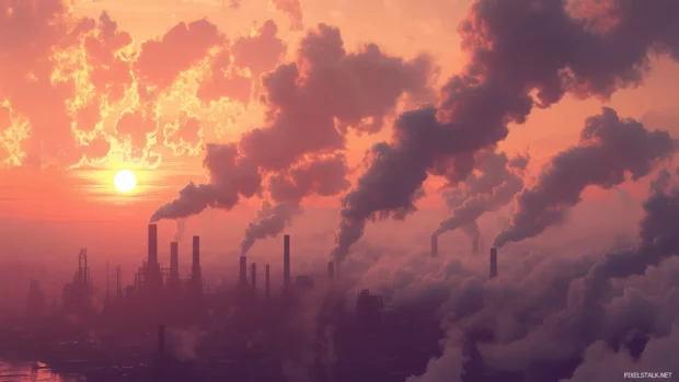 Smokestacks and warehouses skyline, pink and orange sunset glow.