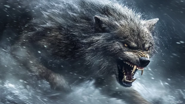 Snarling wolf sprinting through wet terrain, droplets flying in close up.