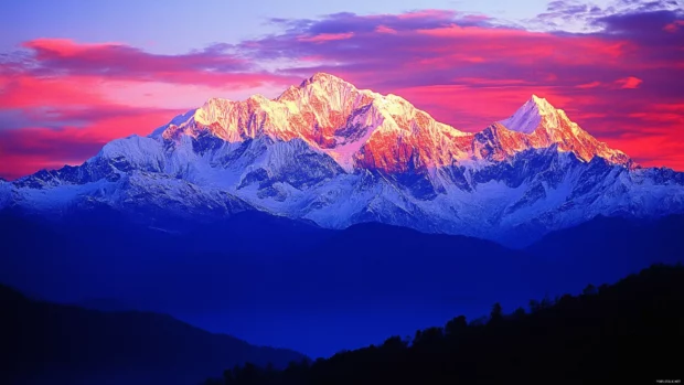 Snow capped peaks emerge beneath a glowing sky in this Sunrise Wallpaper for Desktop.