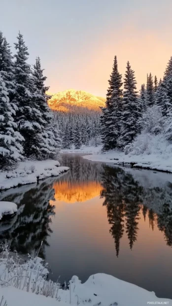 Snow capped trees reflect the soft glow of sunrise.