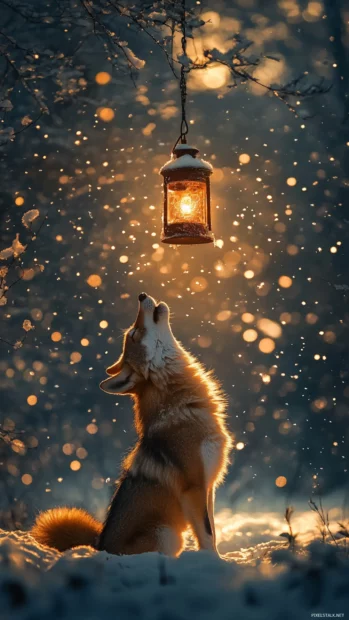 Snow falls gently as the wolf breath rises with each howl under soft lantern light.