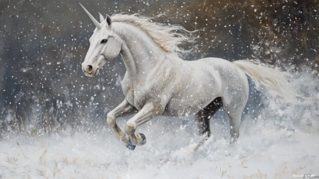 Snow falls lightly on the unicorn as it trots through a white field.
