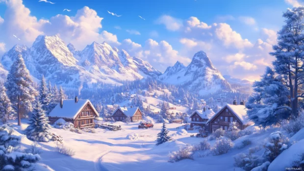 Snowy chalets skyline, frosty blue and white mountain resort.