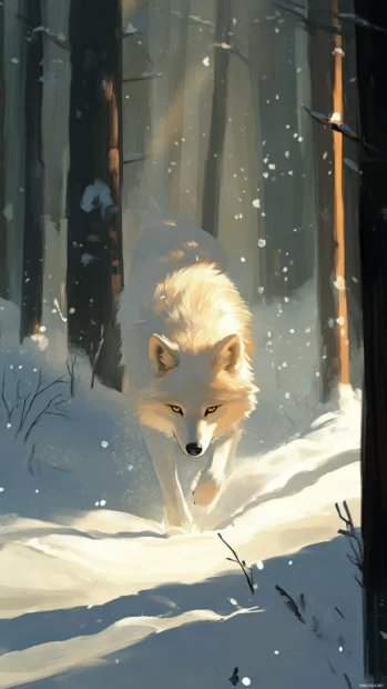 Snowy forest wolf iPhone wallpaper showing a focused wolf stepping softly through powdery snow.