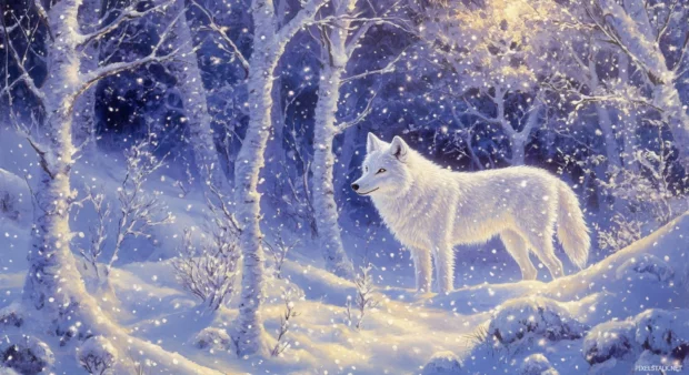 Snowy forest wolf wallpaper showing a white wolf standing still under gently falling snow.