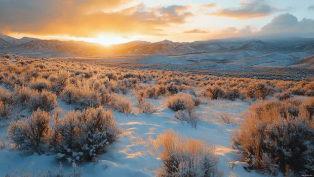 Snowy landscape turning gold under winter sunrise.