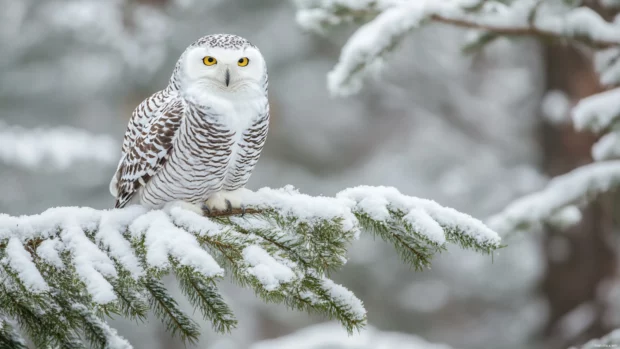 Snowy owl HD background featuring the bird perched on a snow covered pine branch.