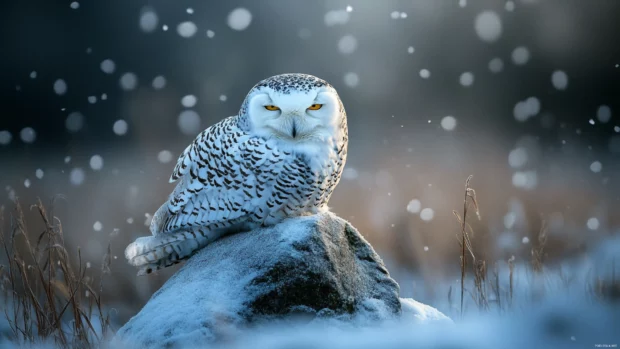 Snowy owl aesthetic wallpaper showing the owl calmly resting atop a frosty rock.