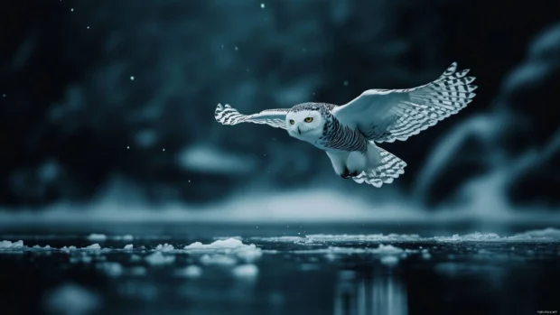 Snowy owl flying wallpaper with the bird gliding low across a frozen lake.